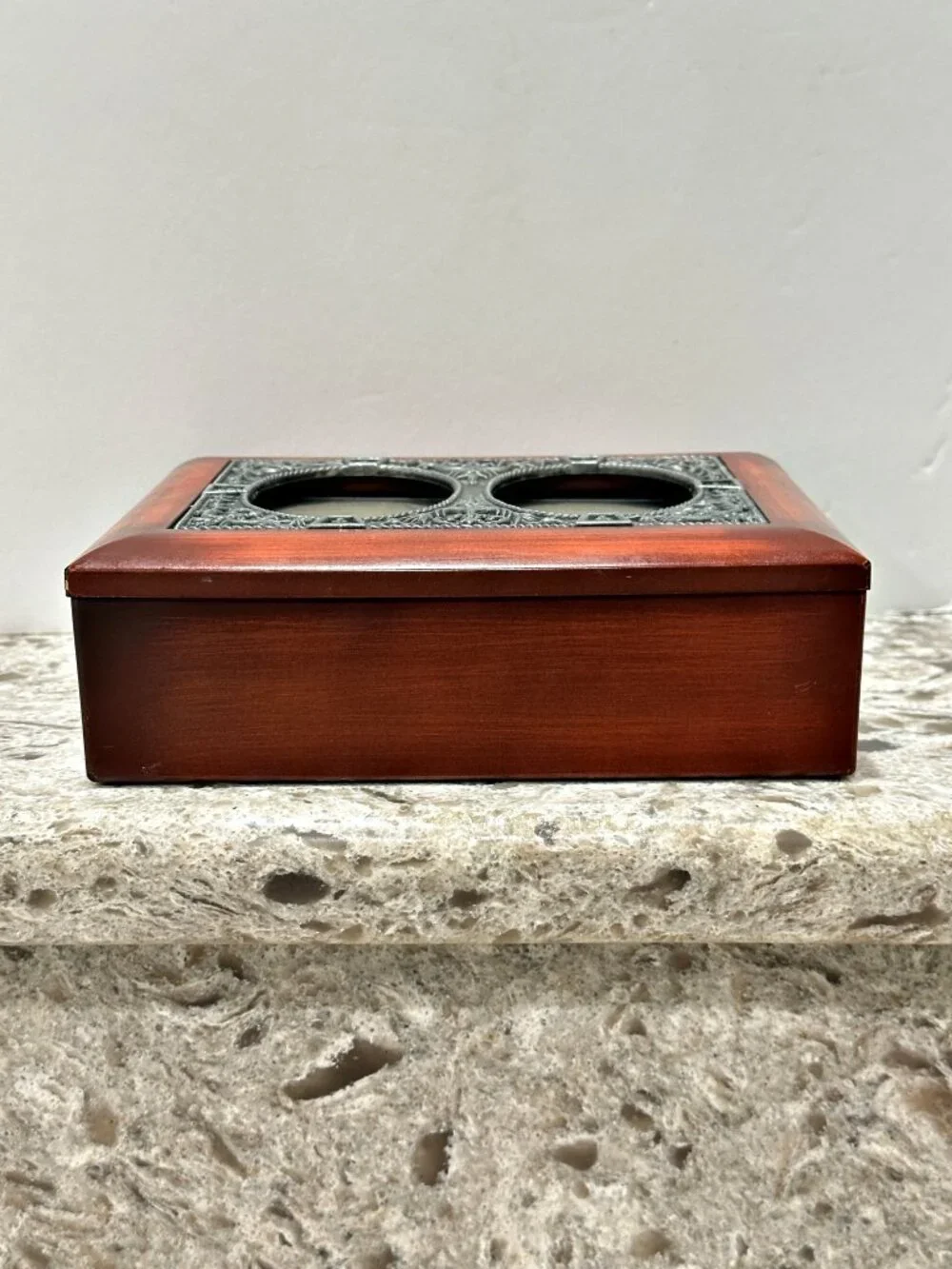 Wood Jewelry Keepsake Box with Ornate Pewter Double Oval Photo Frame Lid Vintage